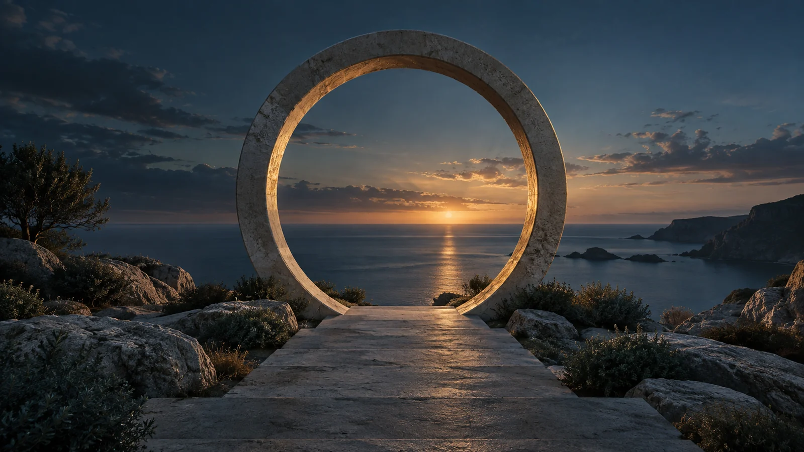 Umbral circular de piedra abierto hacia el mar al atardecer.