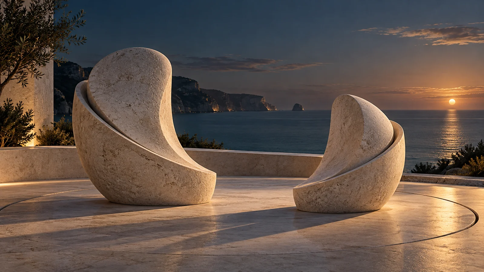 Dos esculturas curvas de piedra separadas por un espacio frente al mar.